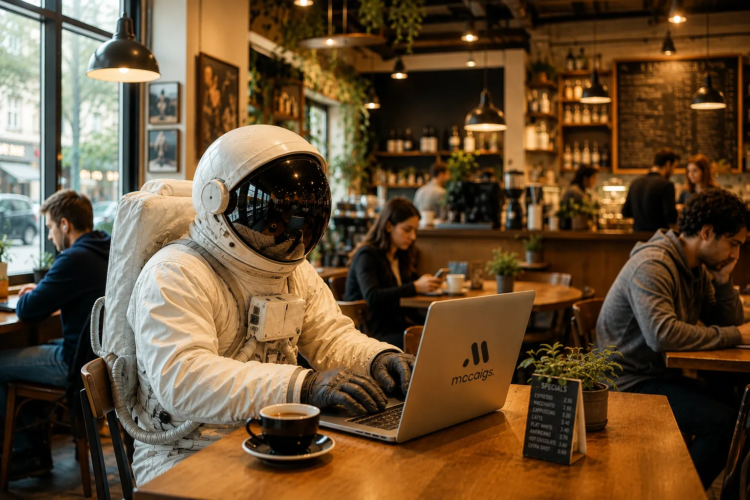 Astronaut working on a laptop in a busy coffee shop, representing AI entering ordinary business environments.